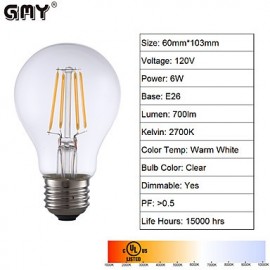 6W E26 LED Filament Bulbs A19 4 COB 700 lm Warm White Dimmable 120V 6 pcs