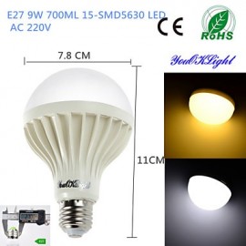 10PCS E27 9W 15*SMD5630 700LM 3000K/6000 Warm White/Cool White Light LED Globe Bulbs (AC 220V)