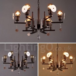 6 Light 30" Wide Industrial Style Steel, Acrylic, Crystal Lighting Pendant Chandelier