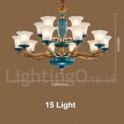 100% Brass Luxurious Rustic Retro Vintage Brass Ceramics Pendant Candle Chandelier with Glass Shades