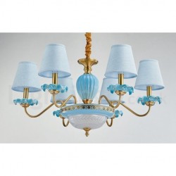 100% Brass Luxurious Rustic Retro Vintage Brass Ceramics Pendant Candle Chandelier with Blue Fabric Shades