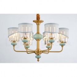 Pure Brass Luxurious Rustic Retro Vintage Brass Ceramics Pendant Candle Chandelier with Fabric and Crystal Shades