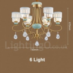 Pure Brass Luxurious Rustic Retro Vintage Brass Ceramics Pendant Candle Chandelier with Fabric and Crystal Shades