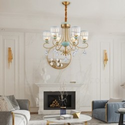 Pure Brass Luxurious Rustic Retro Vintage Brass Ceramics Pendant Candle Chandelier with Fabric and Crystal Shades