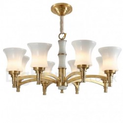 Pure Brass Luxurious Rustic Retro Vintage Brass Stone Pendant Candle Chandelier with Glass Shades