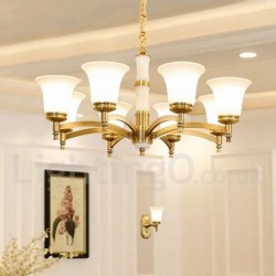 Pure Brass Luxurious Rustic Retro Vintage Brass Stone Pendant Candle Chandelier with Glass Shades