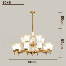 Pure Brass Luxurious Rustic Retro Vintage Brass Stone Pendant Candle Chandelier with Glass Shades