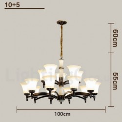 Pure Brass Luxurious Rustic Retro Vintage Brass Stone Pendant Candle Chandelier with Glass Shades