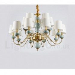 Pure Brass Luxurious Rustic Retro Vintage Brass Ceramics Pendant Candle Chandelier with Fabric Shades