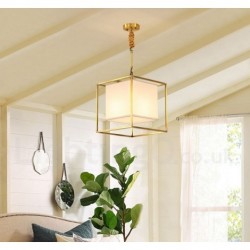 Pure Brass Simple Rustic Retro Vintage Brass Pendant Light with Fabric Shade