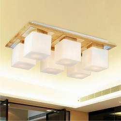 Oak Ceiling Lamp, Six Lights, Oak and Glass, 220~240V